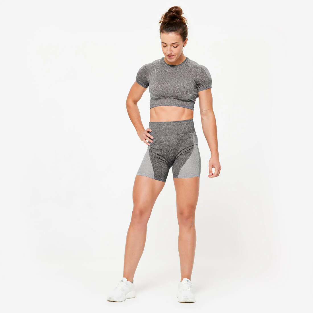 Calzas Ciclistas Fitness Mujer Gris Tiro Alto Sin Costuras - Image 2