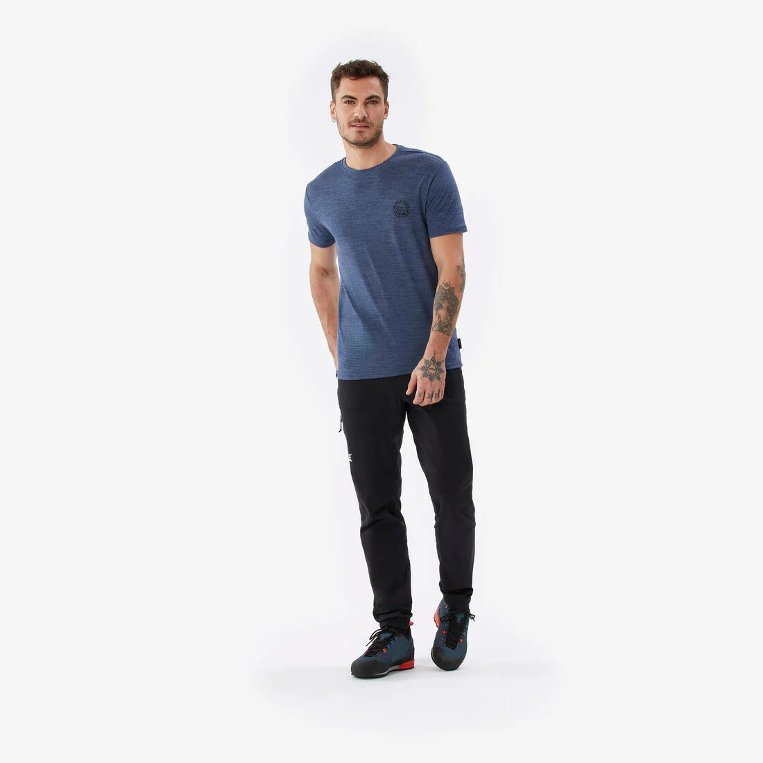 REMERA DE SENDERISMO VIAJE MANGA CORTA LANA MERINO HOMBRE - TRAVEL 500 AZUL - Image 3